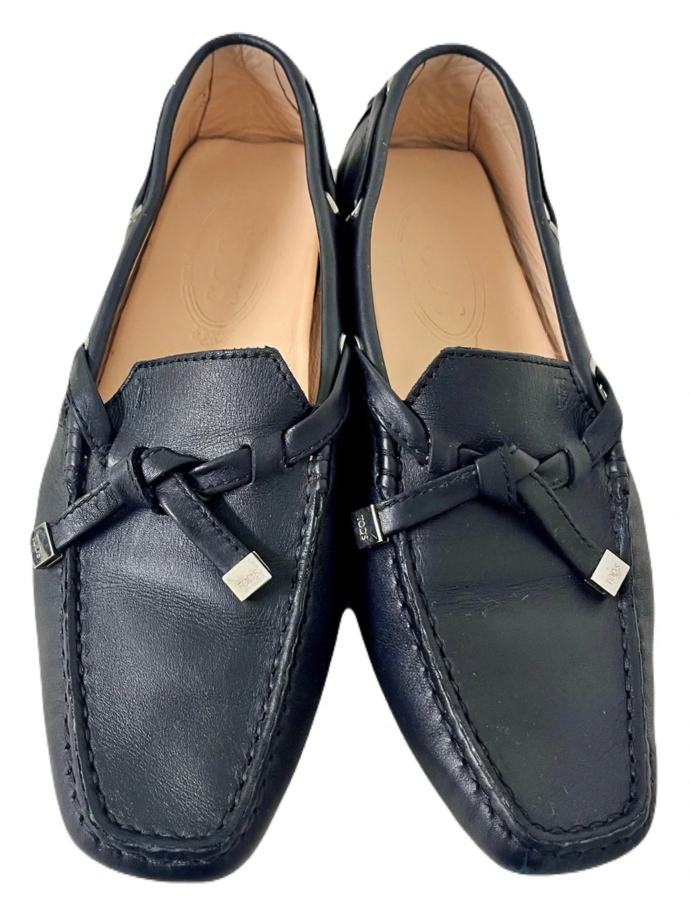 Tod’s Black Leather ‘Gommino’ Flat Bow Driving Flats, Size 7.5